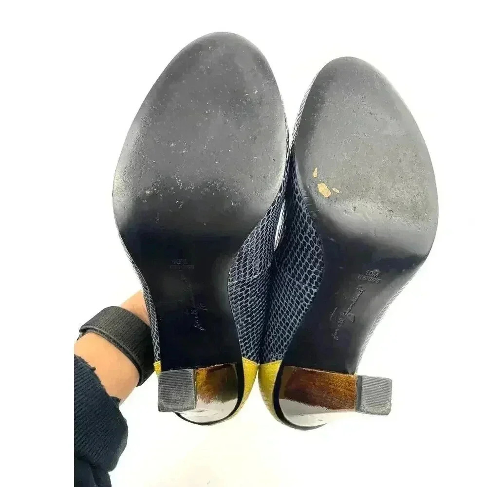 Wooden Heels‎ Pumps Blue Yellow Snake Style 10 7 For All Mankind Women's Leather - Picture 3 of 13